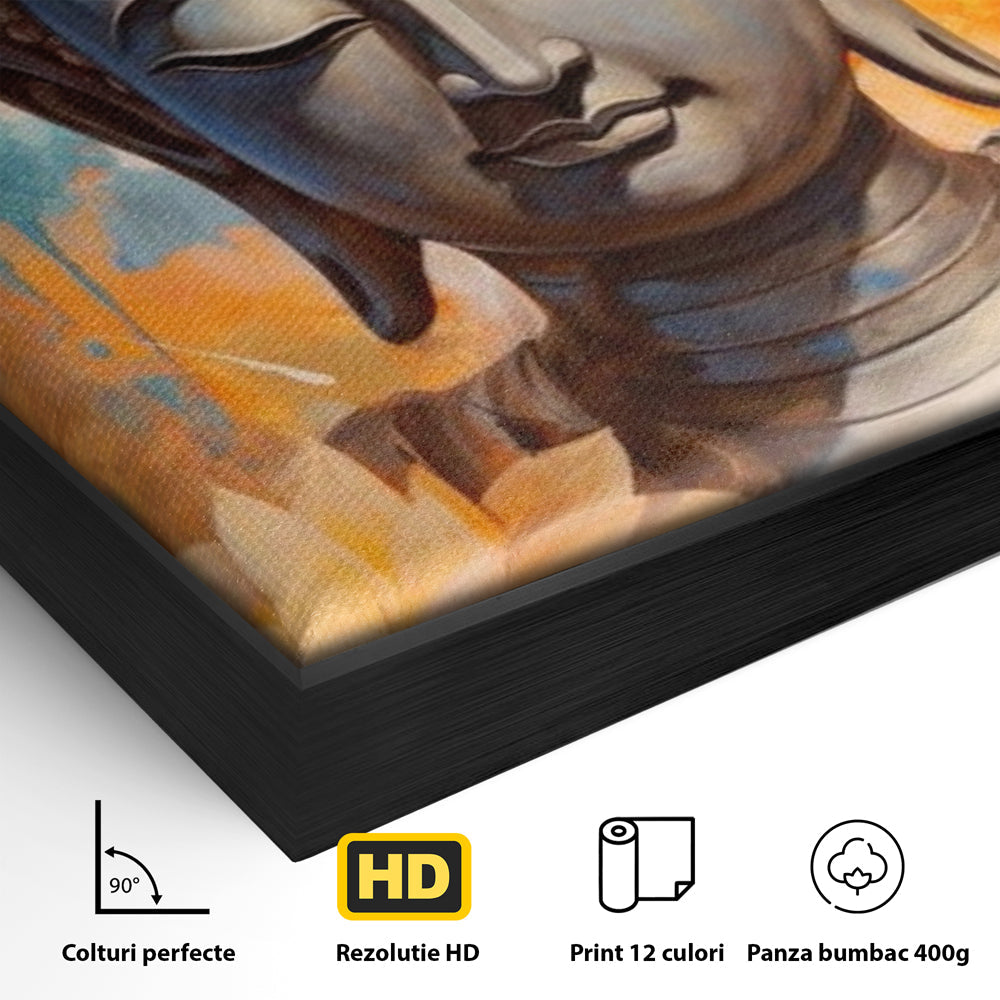 Detaliu al suprafetei: tablou canvas cu buddha si flori de lotus, in rama de aluminiu negru